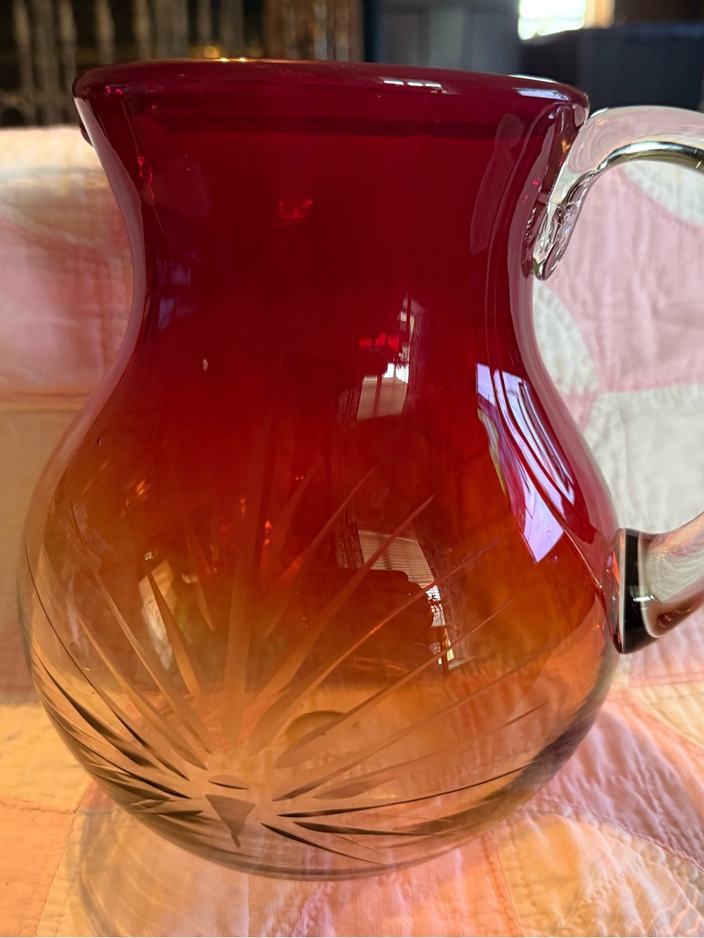 Hand blown, Vintage, Amberina Glass Pitcher with Cut Starburst Design